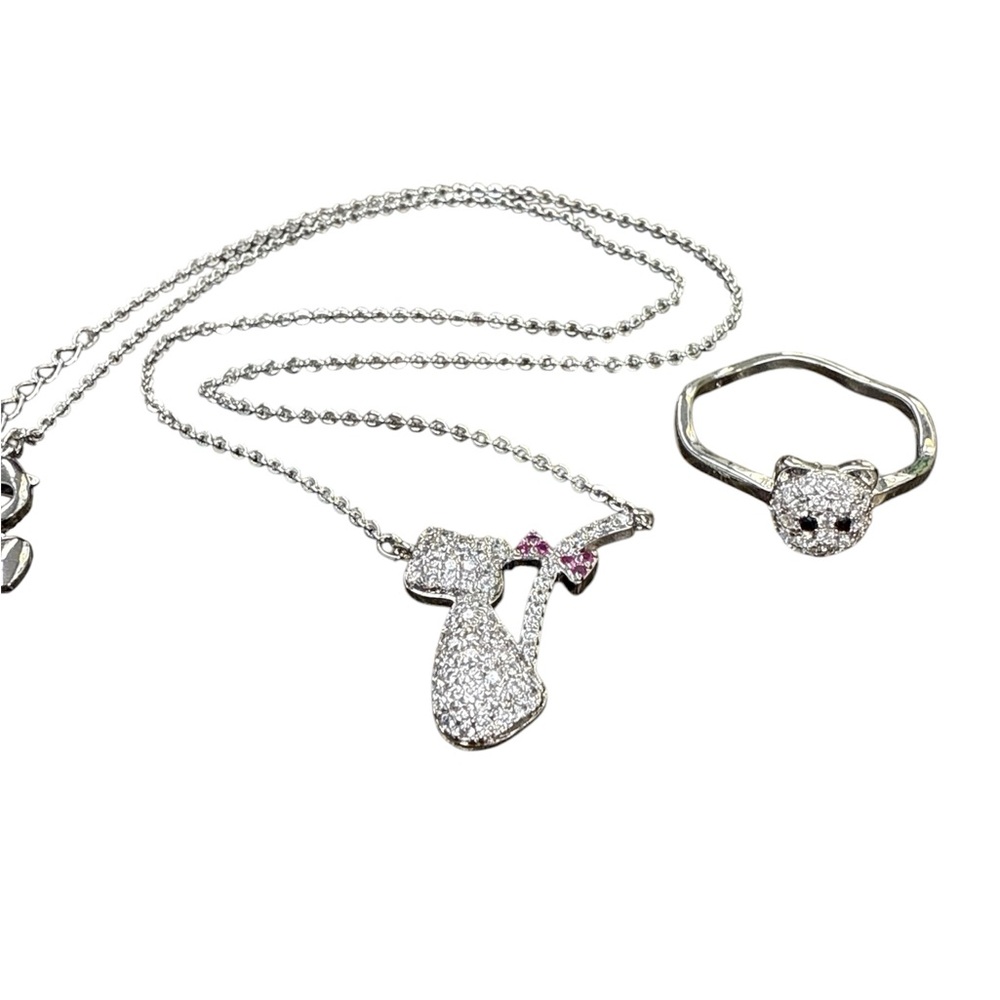 Pretty Bird Silver and Pink Cat Necklace & Ring Set